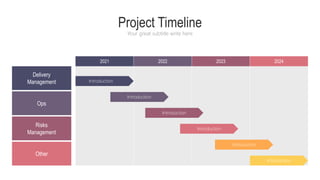 Project Timeline
Your great subtitle write here
2021 2022 2023 2024
Introduction
Introduction
Introduction
Introduction
Introduction
Introduction
Delivery
Management
Ops
Risks
Management
Other
 