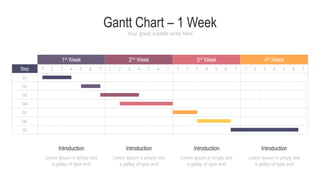 Gantt Chart – 1 Week
Your great subtitle write here
1st Week 2nd Week 3rd Week 4th Week
01
02
03
04
05
06
07
1 2 3 4 5 6 7 1 2 3 4 5 6 7 1 2 3 4 5 6 7 1 2 3 4 5 6 7
Step
Lorem Ipsum is simply text
a galley of type and
Introduction
Lorem Ipsum is simply text
a galley of type and
Introduction
Lorem Ipsum is simply text
a galley of type and
Introduction
Lorem Ipsum is simply text
a galley of type and
Introduction
 