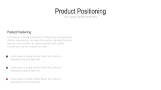 Product Positioning
Your great subtitle write here
Product Positioning
Lorem Ipsum is simply dummy text of the printing a
typesetting industry. been the
Lorem Ipsum is simply dummy text of the printing a
typesetting industry. been the
Lorem Ipsum is simply dummy text of the printing a
typesetting industry. been the
Lorem Ipsum is simply dummy text of the printing and typesetting
industry. Lorem Ipsum has been the industry's standard dummy a
text ever since the when an unknown printer took a galley
survived not only five centuries, but also
 