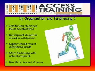 1) Organization and Fundraising 1
 Institutional objectives
should be established
 Development objectives
should be established
 Support should reflect
institutional needs
 Start fundraising with
natural prospects
 Search for sources of money
 