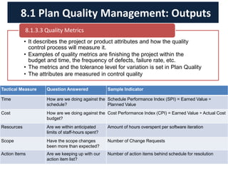 • It describes the project or product attributes and how the quality
control process will measure it.
• Examples of quality metrics are finishing the project within the
budget and time, the frequency of defects, failure rate, etc.
• The metrics and the tolerance level for variation is set in Plan Quality
• The attributes are measured in control quality
8.1.3.3 Quality Metrics
8.1 Plan Quality Management: Outputs
Tactical Measure Question Answered Sample Indicator
Time How are we doing against the
schedule?
Schedule Performance Index (SPI) = Earned Value ÷
Planned Value
Cost How are we doing against the
budget?
Cost Performance Index (CPI) = Earned Value ÷ Actual Cost
Resources Are we within anticipated
limits of staff-hours spent?
Amount of hours overspent per software iteration
Scope Have the scope changes
been more than expected?
Number of Change Requests
Action Items Are we keeping up with our
action item list?
Number of action items behind schedule for resolution
 