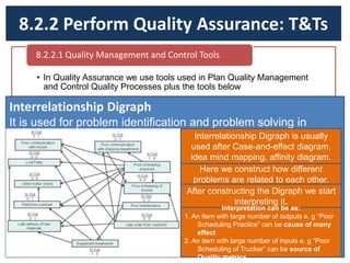 8.2.2 Perform Quality Assurance: T&Ts
• In Quality Assurance we use tools used in Plan Quality Management
and Control Quality Processes plus the tools below
8.2.2.1 Quality Management and Control Tools
Interrelationship Digraph
It is used for problem identification and problem solving in
complex systems Interrelationship Digraph is usually
used after Case-and-effect diagram,
idea mind mapping, affinity diagram.
Here we construct how different
problems are related to each other.
After constructing the Digraph we start
interpreting it.
Interpretation can be as:
1. An item with large number of outputs e. g “Poor
Scheduling Practice” can be cause of many
effect
2. An item with large number of inputs e. g “Poor
Scheduling of Trucker” can be source of
Quality metrics.
 