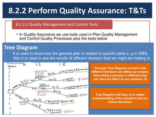 8.2.2 Perform Quality Assurance: T&Ts
• In Quality Assurance we use tools used in Plan Quality Management
and Control Quality Processes plus the tools below
8.2.2.1 Quality Management and Control Tools
Tree Diagram
It is used to show how the general plan is related to specific parts e. g in WBS.
Also it is used to see the results of different decision that we might be making in
our project.
Through Tree Diagram we learn how
different decision can affect our project.
How doing a process in different way
can have an effect on our product. Or
Tree Diagram will help us in better
understanding of the situation and our
future decisions.
 