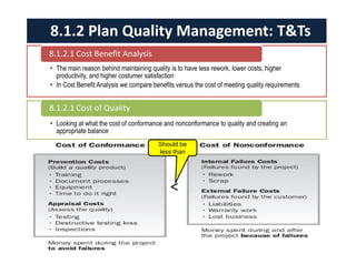 • The main reason behind maintaining quality is to have less rework, lower costs, higher
productivity, and higher costumer satisfaction
• In Cost Benefit Analysis we compare benefits versus the cost of meeting quality requirements
8.1.2.1 Cost Benefit Analysis
• Looking at what the cost of conformance and nonconformance to quality and creating an
appropriate balance
8.1.2.1 Cost of Quality
8.1.2 Plan Quality Management: T&Ts
Should be
less than
<
 