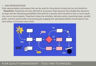 PLAN QUALITY MANAGEMENT - TOOLS AND TECHNIQUES
• DATA REPRESENTATION
Data representation techniques that can be used for this process include but are not limited to:
- Flowcharts. Flowcharts are also referred to as process maps because they display the sequence
of steps and the branching possibilities that exist for a process that transforms one or more inputs
into one or more outputs. Flowcharts show the activities, decision points, branching loops, parallel
paths, and the overall order of processing by mapping the operational details of procedures that
exist within a horizontal value chain
 