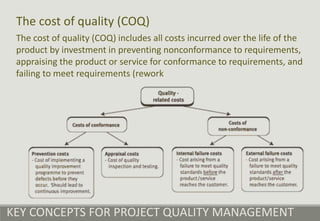 KEY CONCEPTS FOR PROJECT QUALITY MANAGEMENT
The cost of quality (COQ) includes all costs incurred over the life of the
product by investment in preventing nonconformance to requirements,
appraising the product or service for conformance to requirements, and
failing to meet requirements (rework
The cost of quality (COQ)
 