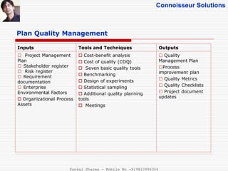 Connoisseur Solutions
Plan Quality Management
Inputs Tools and Techniques Outputs
□ Project Management
Plan
□ Stakeholder register
□ Risk register
□ Requirement
documentation
□ Enterprise
Environmental Factors
 Organizational Process
Assets
 Cost-benefit analysis
 Cost of quality (COQ)
 Seven basic quality tools
 Benchmarking
 Design of experiments
 Statistical sampling
 Additional quality planning
tools
 Meetings
□ Quality
Management Plan
□Process
improvement plan
□ Quality Metrics
□ Quality Checklists
□ Project document
updates
Pankaj Sharma - Mobile No -919810996356
 