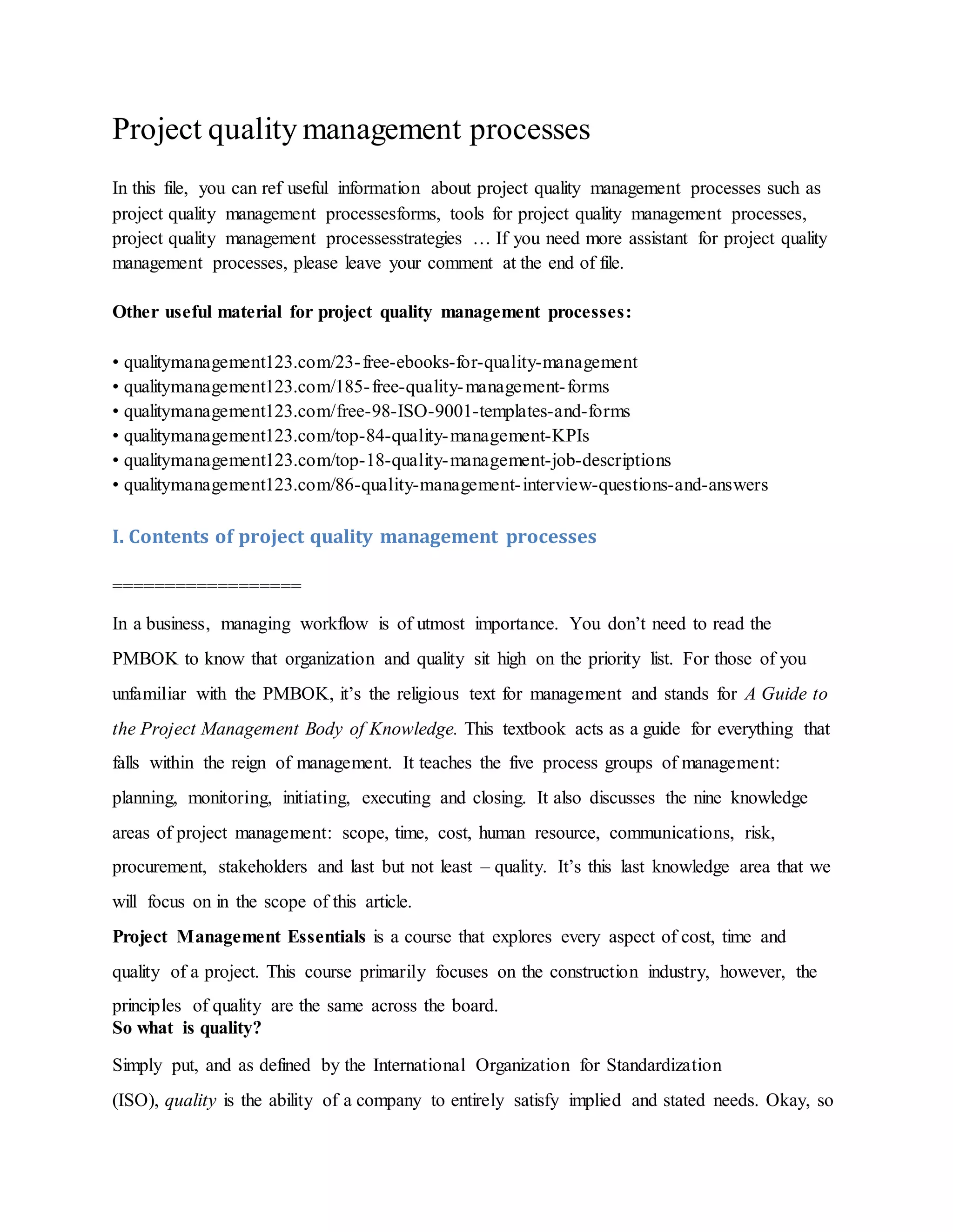 Project Quality Management Processes
