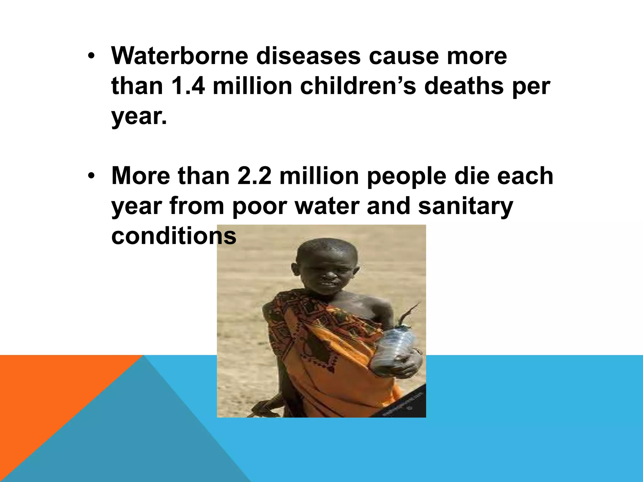 • Waterborne diseases cause more
  than 1.4 million children’s deaths per
  year.

• More than 2.2 million people die each
  year from poor water and sanitary
  conditions
 
