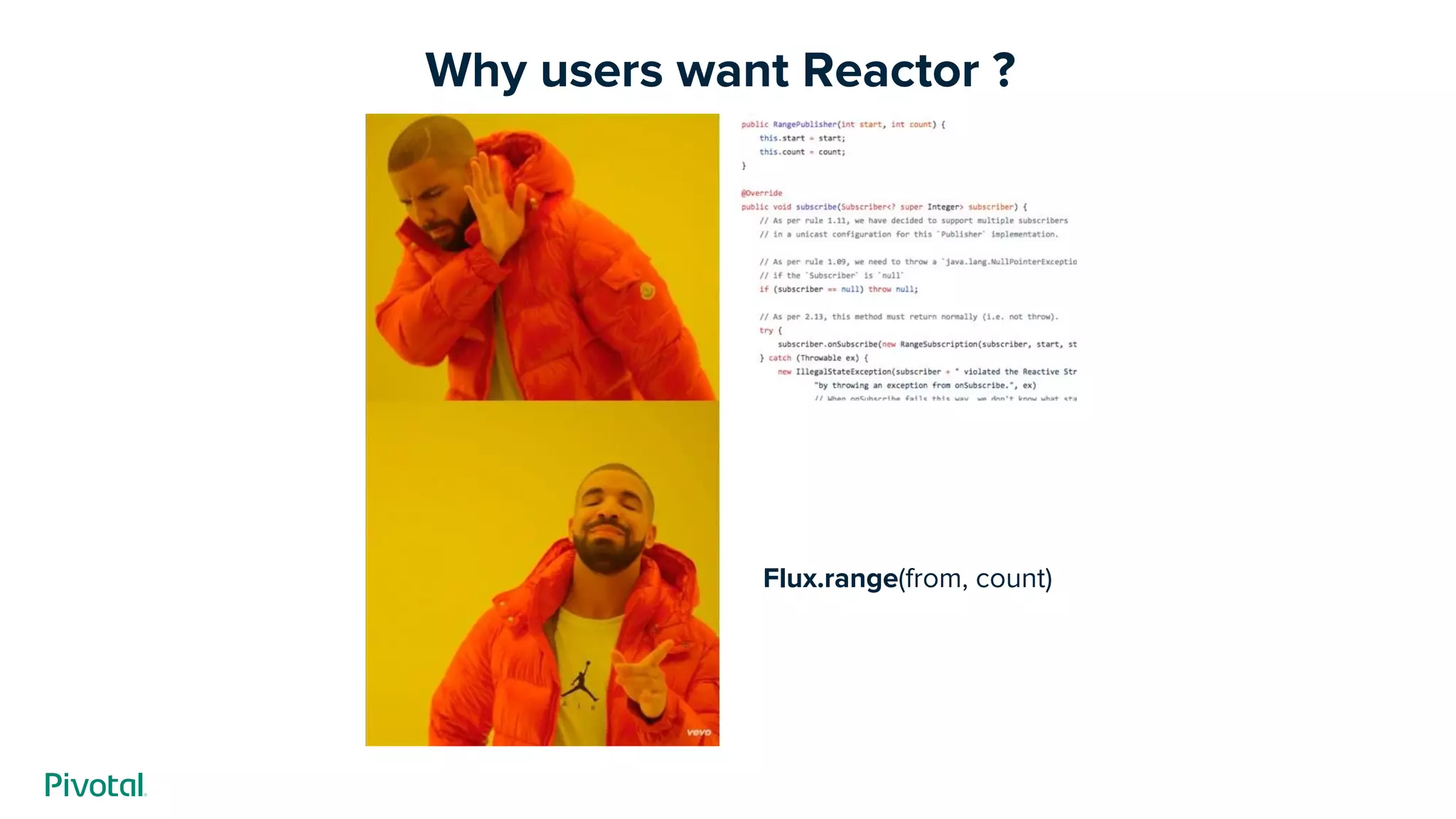 Why users want Reactor ?
Flux.range(from, count)
 