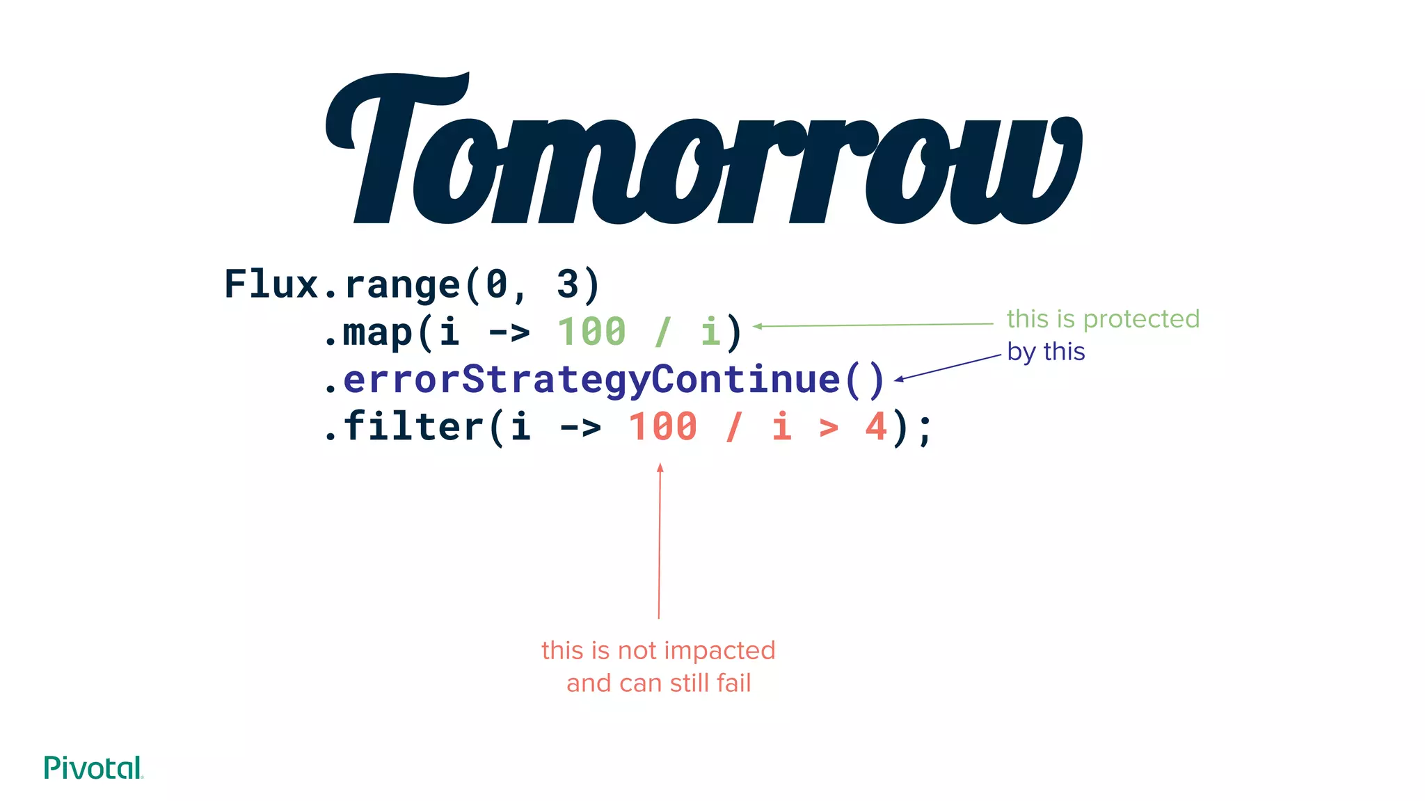 TomorrowFlux.range(0, 3)
.map(i -> 100 / i)
.errorStrategyContinue()
.filter(i -> 100 / i > 4);
this is not impacted
and can still fail
this is protected
by this
 