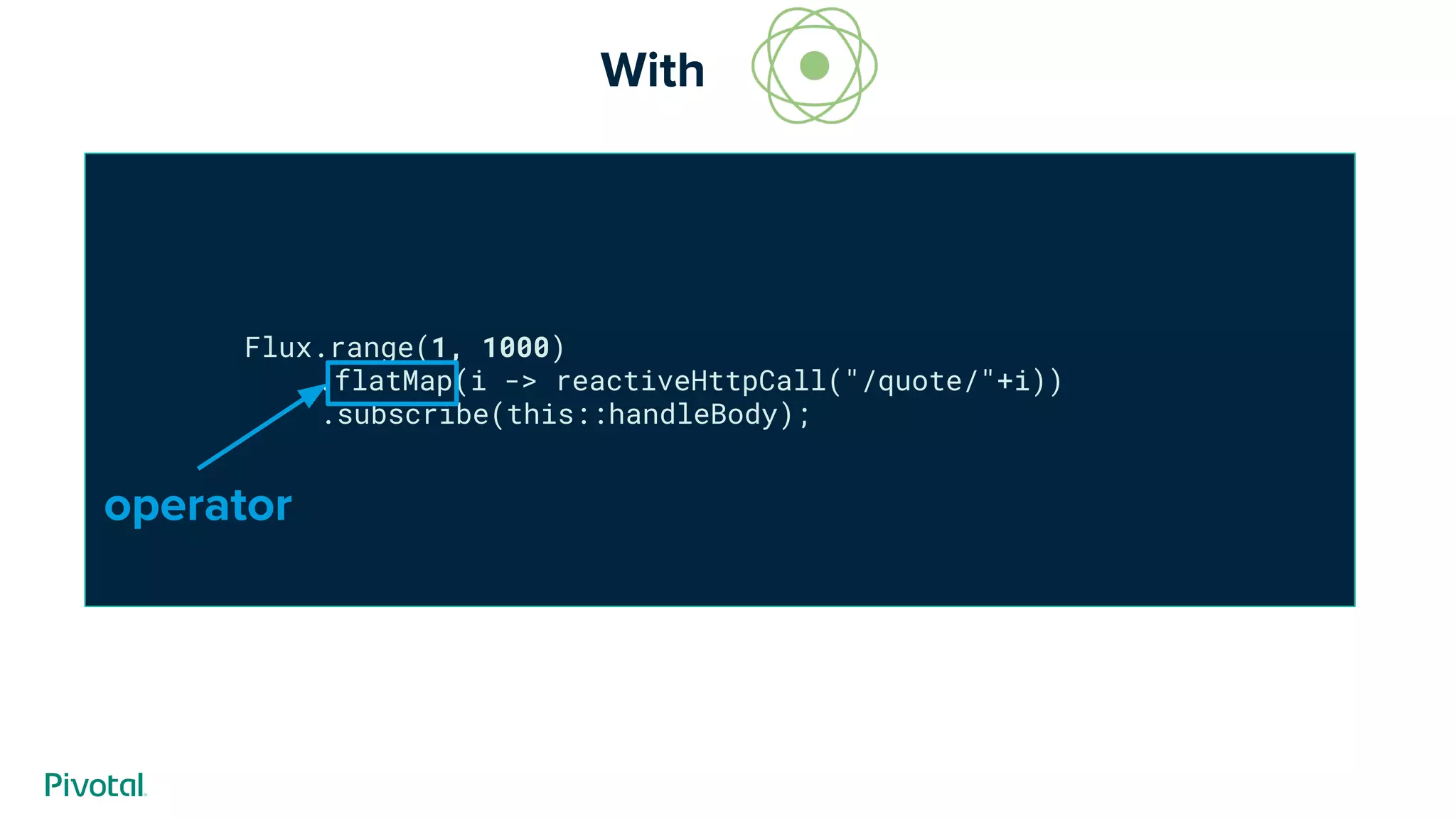 Flux.range(1, 1000)
.flatMap(i -> reactiveHttpCall("/quote/"+i))
.subscribe(this::handleBody);
operator
With --------
 