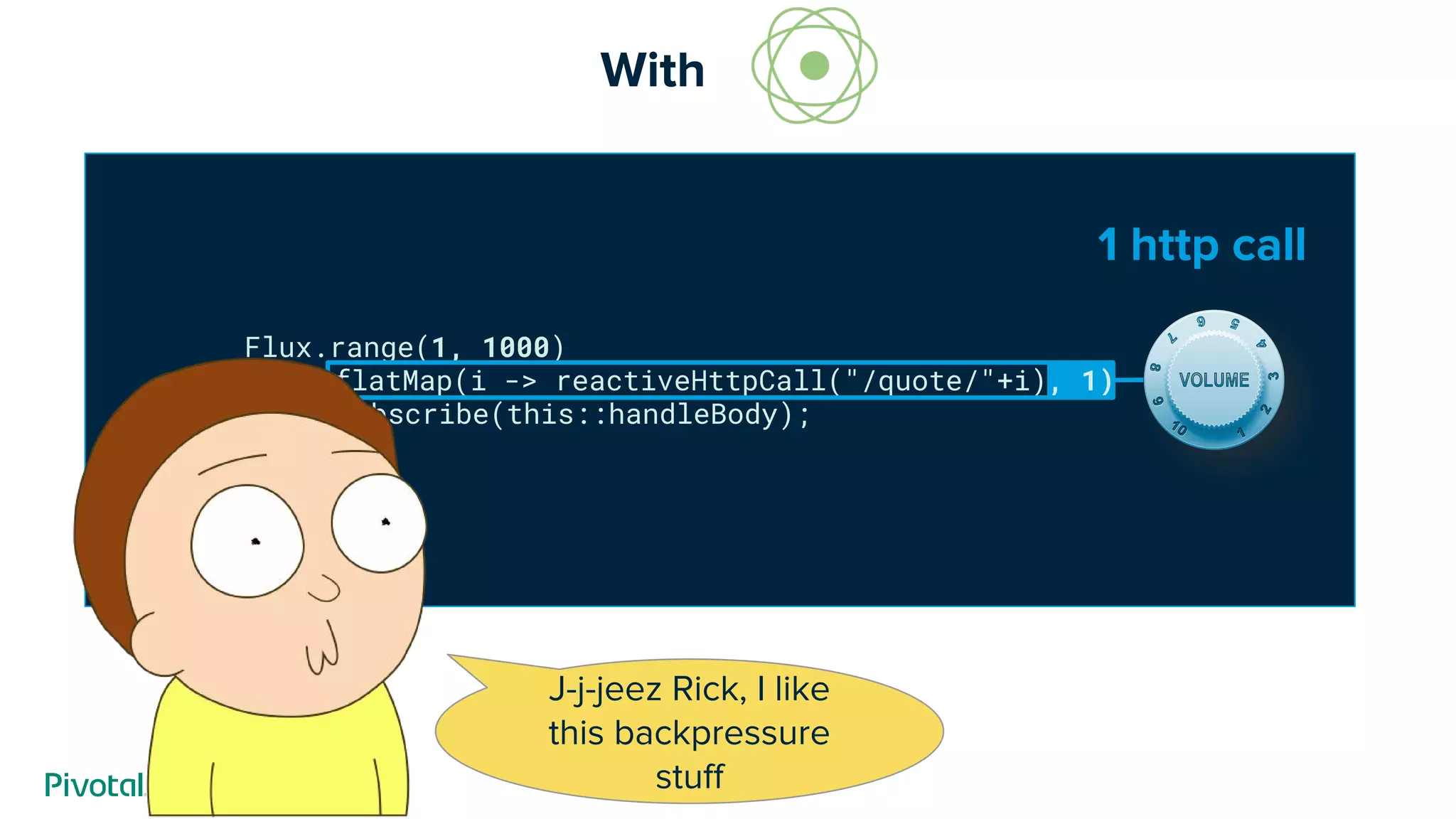 Flux.range(1, 1000)
.flatMap(i -> reactiveHttpCall("/quote/"+i), 1)
.subscribe(this::handleBody);
With --------
J-j-jeez Rick, I like
this backpressure
stuff
1 http call
 