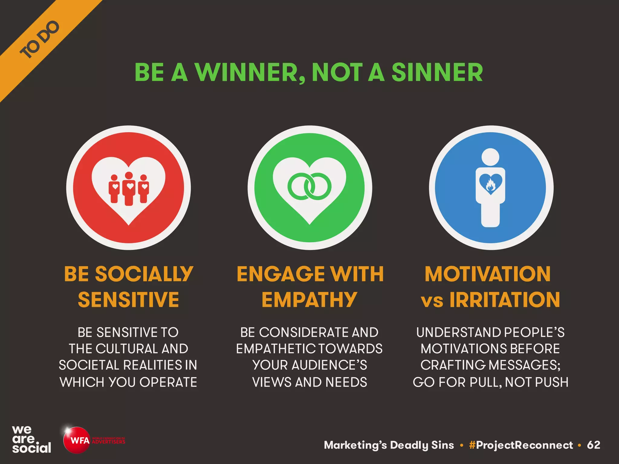 Marketing’s Deadly Sins • #ProjectReconnect • 62
BE A WINNER, NOT A SINNER
BE SENSITIVE TO
THE CULTURAL AND
SOCIETAL REALITIES IN
WHICH YOU OPERATE
BE CONSIDERATE AND
EMPATHETIC TOWARDS
YOUR AUDIENCE’S
VIEWS AND NEEDS
BE SOCIALLY
SENSITIVE
ENGAGE WITH
EMPATHY
UNDERSTAND PEOPLE’S
MOTIVATIONS BEFORE
CRAFTING MESSAGES;
GO FOR PULL, NOT PUSH
MOTIVATION
vs IRRITATION
 