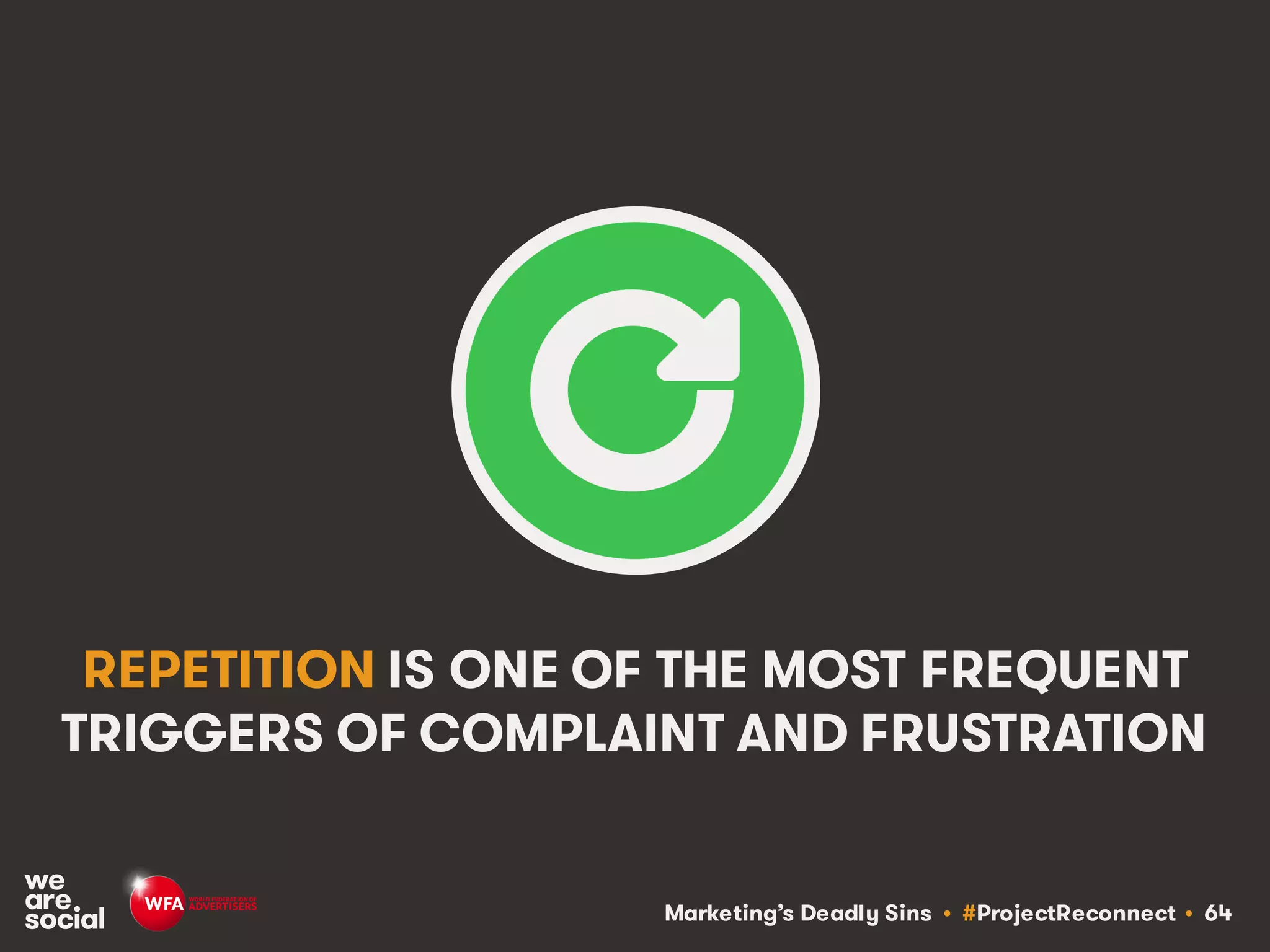 Marketing’s Deadly Sins • #ProjectReconnect • 64
REPETITION IS ONE OF THE MOST FREQUENT
TRIGGERS OF COMPLAINT AND FRUSTRATION
 