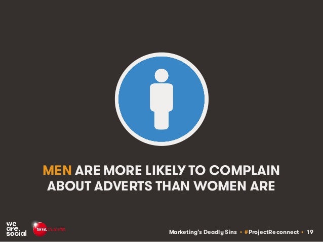 Marketing’s Deadly Sins • #ProjectReconnect • 19
MEN ARE MORE LIKELY TO COMPLAIN
ABOUT ADVERTS THAN WOMEN ARE
 