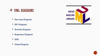  UML DIAGRAMS
 Use case Diagram
 ER- Diagram
 Activity Diagram
 Sequence Diagram
 DFD
 Class Diagram
 