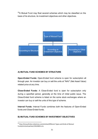 31
25
A Mutual Fund may float several schemes which may be classified on the
basis of its structure, its investment objectives and other objectives.
A) MUTUAL FUND SCHEMES BY STRUCTURE
Open-Ended Funds: Open-Ended fund scheme is open for subscription all
through year. An investor can buy or sell the units at "NAV" (Net Asset Value)
related price at any time.
Close-Ended Funds: A Close-Ended fund is open for subscription only
during a specified period, generally at the time of initial public issue. The
Close-Ended fund scheme is listed on the some stock exchanges where an
investor can buy or sell the units of this type of scheme.
Interval Funds: Interval Funds combines both the features of Open-Ended
funds and Close-Ended funds.
B) MUTUAL FUND SCHEMES BY INVESTMENT OBJECTIVES
25
http://timesofindia.indiatimes.com/articles/Different-Types-and-Kinds-of-Mutual-
Funds/articleshowhsbc/22624820.cms
Type of Mutual Fund
According to Structure
According to
Investment Objective
According to Other
Objective
 