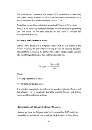 57
This analysis also represents that though ICICI prudential technology Reg
fund growth has higher return i.e. 62.55 % as compared to other nine funds, it
stands on third rank as it is having higher beta i.e. 0.35.
Thus at last we want to conclude that according to Treyner’s Performance
Index, it is not necessary that fund with higher return is always well performing
fund and stands on first rank because we also have to consider risk
associated with that fund.
SHARPE’S PERFORMANCE INDEX
Sharpe (1966) developed a composite index which is very similar to the
Treynor measure, the only difference being the use of standard deviation,
instead of beta, to measure the portfolio risk, in other words except it uses the
total risk of the portfolio rather than just the systematic risk.
Where:
Si = Sharpe performance index
= Portfolio standard deviation
Sharpe index, evaluates funds performance based on both rate of return and
diversification. For a completely diversified portfolio Treynor and Sharpe
indices would give identical rankings.
Demonstration of Comparative Sharpe Measures
Assume we have the following data for three portfolios; BOP, with their
respective annual rate of return and standard deviation of their return.
 
