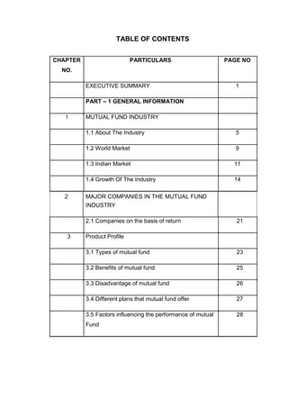 TABLE OF CONTENTS
CHAPTER PARTICULARS PAGE NO
NO.
EXECUTIVE SUMMARY 1
PART – 1 GENERAL INFORMATION
1 MUTUAL FUND INDUSTRY
1.1 About The Industry 5
1.2 World Market 9
1.3 Indian Market 11
1.4 Growth Of The Industry 14
2 MAJOR COMPANIES IN THE MUTUAL FUND
INDUSTRY
2.1 Companies on the basis of return 21
3 Product Profile
3.1 Types of mutual fund 23
3.2 Benefits of mutual fund 25
3.3 Disadvantage of mutual fund 26
3.4 Different plans that mutual fund offer 27
3.5 Factors influencing the performance of mutual 28
Fund
 