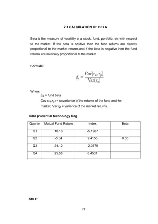 78
2.1 CALCULATION OF BETA
Beta is the measure of volatility of a stock, fund, portfolio, etc with respect
to the market. If the beta is positive then the fund returns are directly
proportional to the market returns and if the beta is negative then the fund
returns are inversely proportional to the market.
Formula:
Where,
βa = fund beta
Cov (ra,rp) = covariance of the returns of the fund and the
market, Var rp = variance of the market returns.
ICICI prudential technology Reg
Quarter Mutual Fund Return Index Beta
Q1 10.18 -5.1967
Q2 -5.34 2.4156 0.35
Q3 24.12 -2.0870
Q4 25.58 6.4537
SBI IT
 