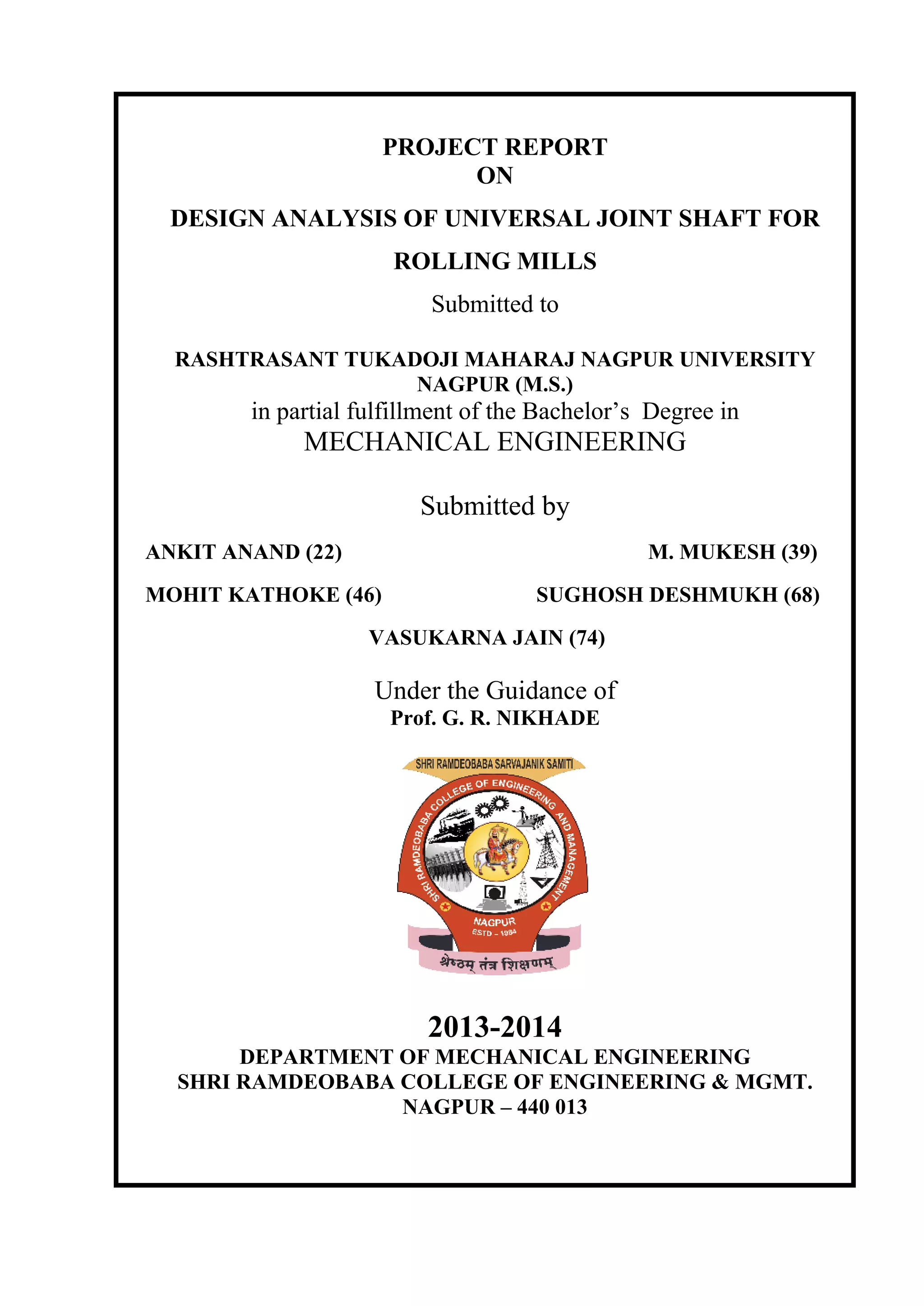 DESIGN ANALYSIS OF UNIVERSAL JOINT SHAFT FOR ROLLING MILLS PDF