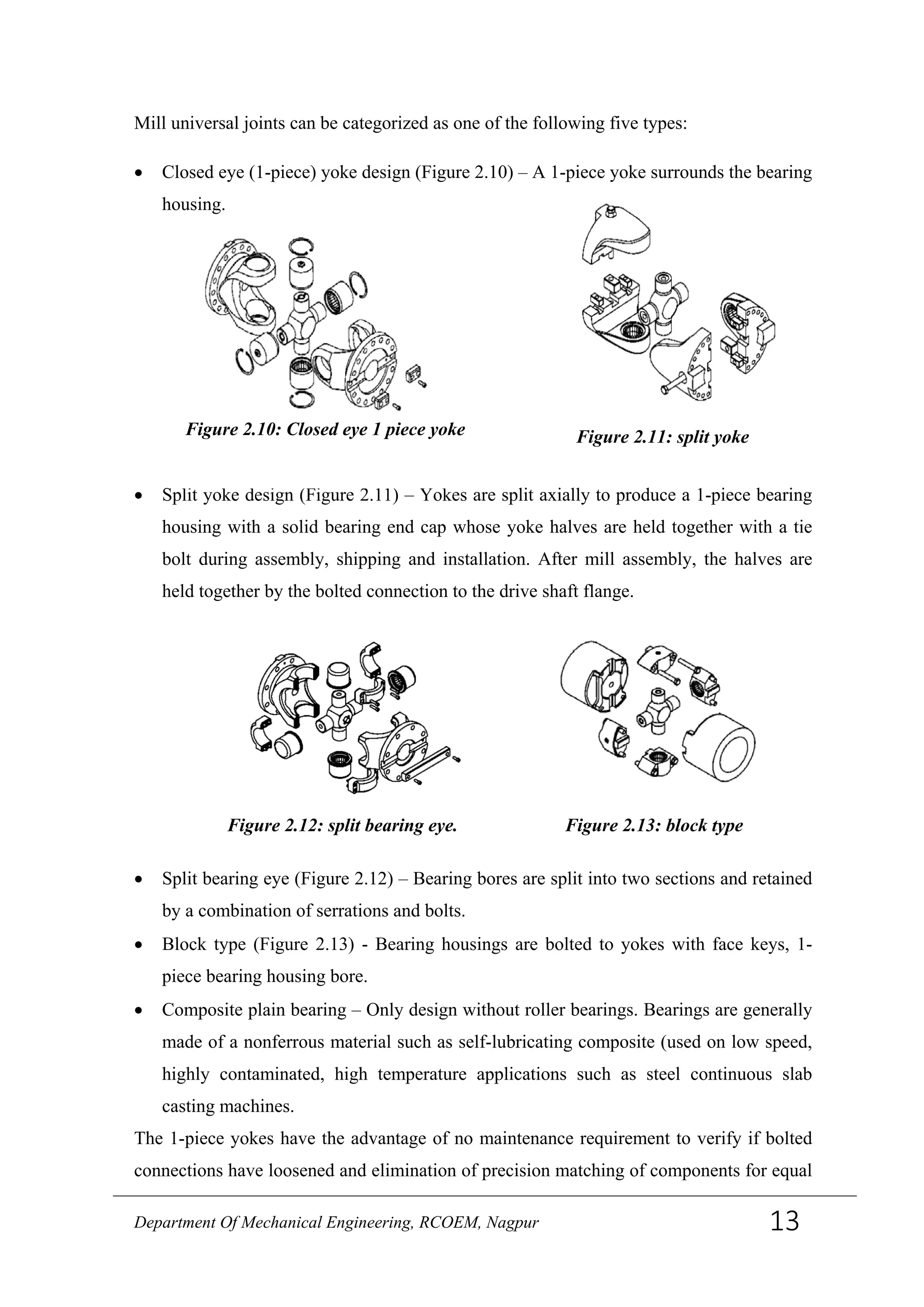 Mill universal joints can be categorized as one of the following five types:
• Closed eye (1-piece) yoke design (Figure 2.10) – A 1-piece yoke surrounds the bearing
housing.
• Split yoke design (Figure 2.11) – Yokes are split axially to produce a 1-piece bearing
housing with a solid bearing end cap whose yoke halves are held together with a tie
bolt during assembly, shipping and installation. After mill assembly, the halves are
held together by the bolted connection to the drive shaft flange.
• Split bearing eye (Figure 2.12) – Bearing bores are split into two sections and retained
by a combination of serrations and bolts.
• Block type (Figure 2.13) - Bearing housings are bolted to yokes with face keys, 1-
piece bearing housing bore.
• Composite plain bearing – Only design without roller bearings. Bearings are generally
made of a nonferrous material such as self-lubricating composite (used on low speed,
highly contaminated, high temperature applications such as steel continuous slab
casting machines.
The 1-piece yokes have the advantage of no maintenance requirement to verify if bolted
connections have loosened and elimination of precision matching of components for equal
Figure 2.11: split yokeFigure 2.10: Closed eye 1 piece yoke
Figure 2.13: block typeFigure 2.12: split bearing eye.
Department Of Mechanical Engineering, RCOEM, Nagpur 13
 