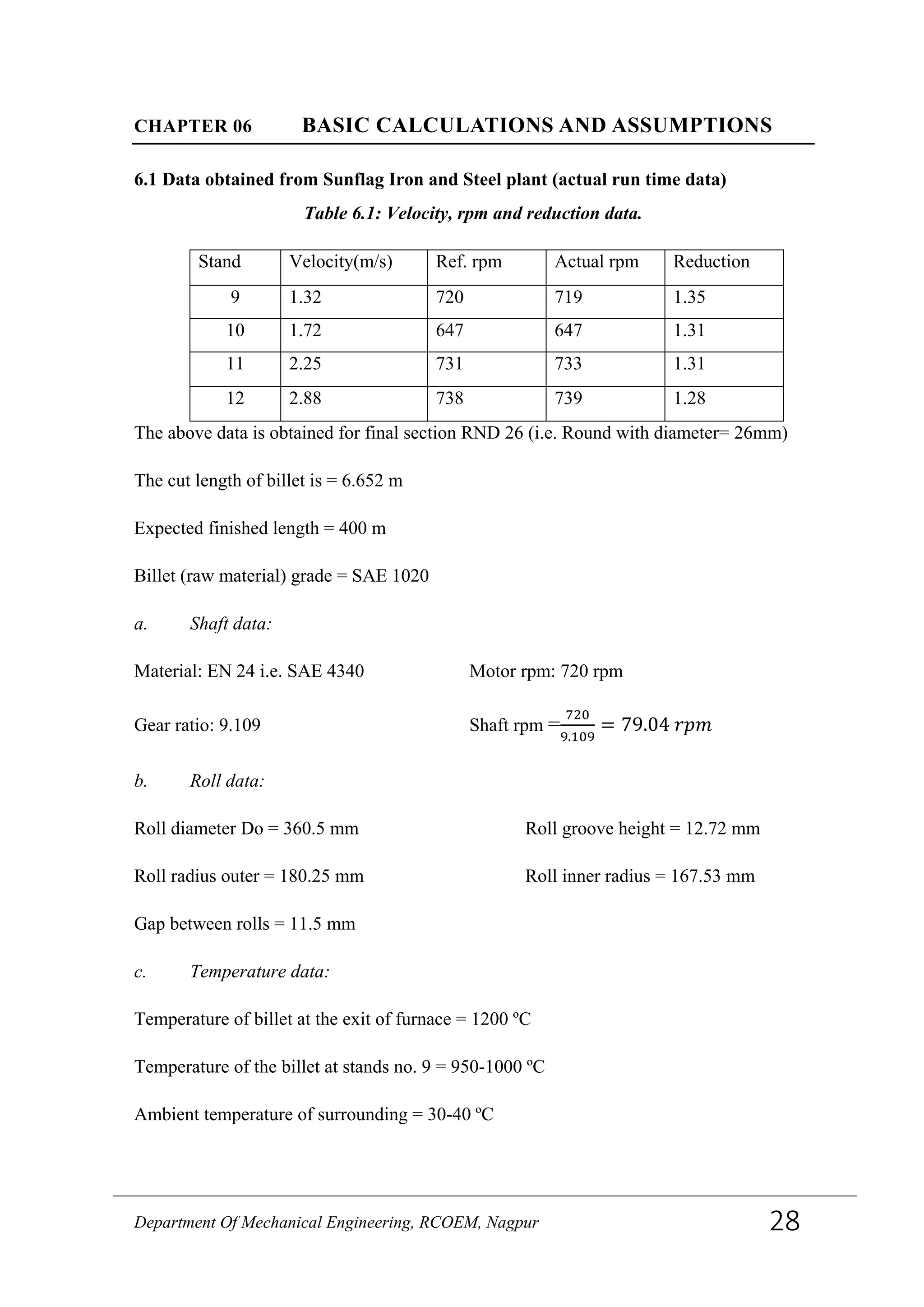 CHAPTER 06 BASIC CALCULATIONS AND ASSUMPTIONS
6.1 Data obtained from Sunflag Iron and Steel plant (actual run time data)
Table 6.1: Velocity, rpm and reduction data.
Stand Velocity(m/s) Ref. rpm Actual rpm Reduction
9 1.32 720 719 1.35
10 1.72 647 647 1.31
11 2.25 731 733 1.31
12 2.88 738 739 1.28
The above data is obtained for final section RND 26 (i.e. Round with diameter= 26mm)
The cut length of billet is = 6.652 m
Expected finished length = 400 m
Billet (raw material) grade = SAE 1020
a. Shaft data:
Material: EN 24 i.e. SAE 4340 Motor rpm: 720 rpm
Gear ratio: 9.109 Shaft rpm =
720
9.109
= 79.04 𝑟𝑝𝑚
b. Roll data:
Roll diameter Do = 360.5 mm Roll groove height = 12.72 mm
Roll radius outer = 180.25 mm Roll inner radius = 167.53 mm
Gap between rolls = 11.5 mm
c. Temperature data:
Temperature of billet at the exit of furnace = 1200 ºC
Temperature of the billet at stands no. 9 = 950-1000 ºC
Ambient temperature of surrounding = 30-40 ºC
Department Of Mechanical Engineering, RCOEM, Nagpur 28
 