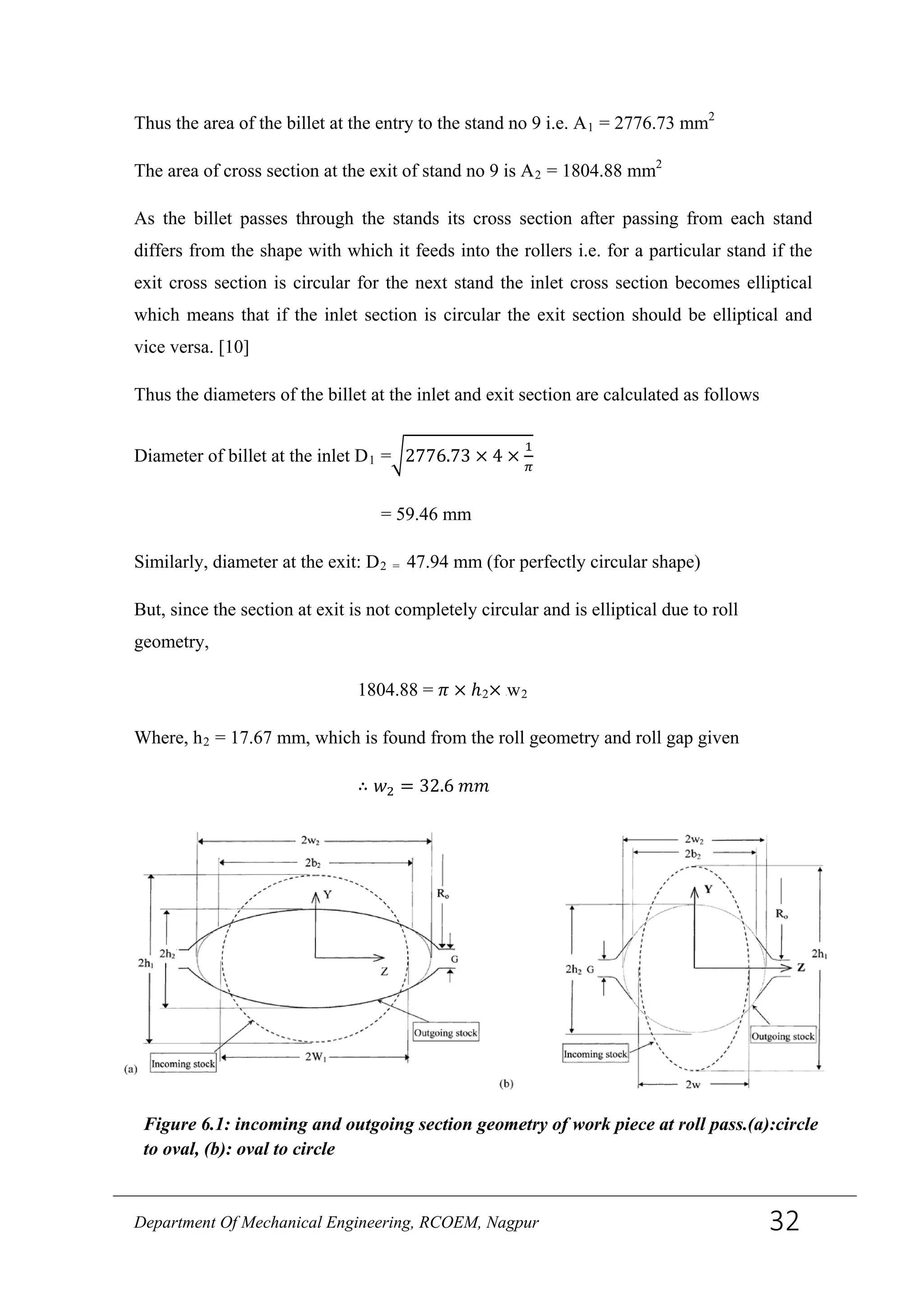 Thus the area of the billet at the entry to the stand no 9 i.e. A1 = 2776.73 mm2
The area of cross section at the exit of stand no 9 is A2 = 1804.88 mm2
As the billet passes through the stands its cross section after passing from each stand
differs from the shape with which it feeds into the rollers i.e. for a particular stand if the
exit cross section is circular for the next stand the inlet cross section becomes elliptical
which means that if the inlet section is circular the exit section should be elliptical and
vice versa. [10]
Thus the diameters of the billet at the inlet and exit section are calculated as follows
Diameter of billet at the inlet D1 =�2776.73 × 4 ×
1
𝜋
= 59.46 mm
Similarly, diameter at the exit: D2 = 47.94 mm (for perfectly circular shape)
But, since the section at exit is not completely circular and is elliptical due to roll
geometry,
1804.88 = 𝜋 × ℎR
2× Rw2
Where, h2 = 17.67 mm, which is found from the roll geometry and roll gap given
∴ 𝑤2 = 32.6 𝑚𝑚
Figure 6.1: incoming and outgoing section geometry of work piece at roll pass.(a):circle
to oval, (b): oval to circle
Department Of Mechanical Engineering, RCOEM, Nagpur 32
 