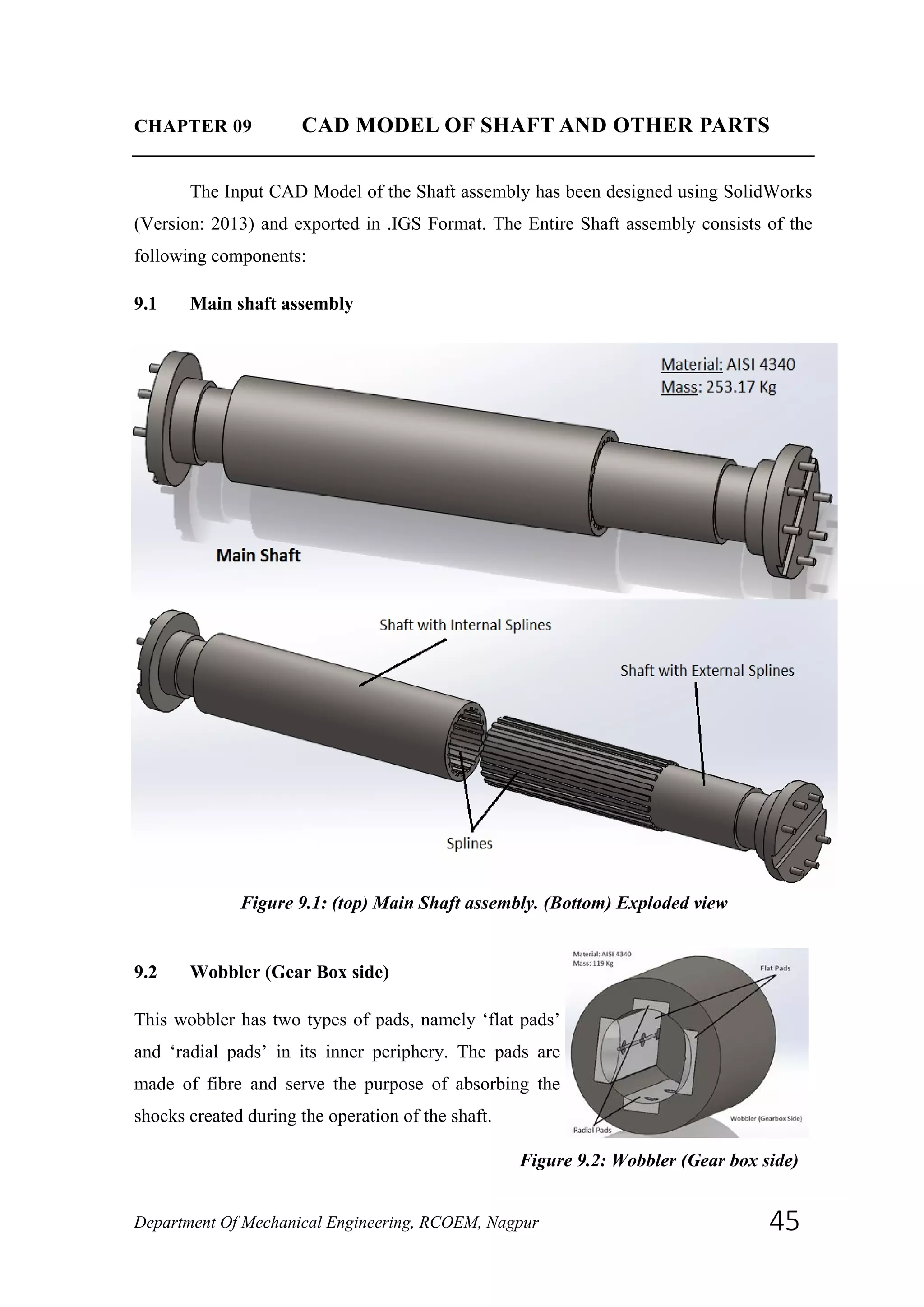 CHAPTER 09 CAD MODEL OF SHAFT AND OTHER PARTS
The Input CAD Model of the Shaft assembly has been designed using SolidWorks
(Version: 2013) and exported in .IGS Format. The Entire Shaft assembly consists of the
following components:
9.1 Main shaft assembly
The splines are provided for two purposes- one, for aiding in the length adjustment of the
shaft according to various applications; two, they prevent the relative sliding of the two
shaft parts.
In order to connect the universal joints to the gear box and the roller, ‘wobblers’ are
provided on either side of the main assembly.
9.2 Wobbler (Gear Box side)
This wobbler has two types of pads, namely ‘flat pads’
and ‘radial pads’ in its inner periphery. The pads are
made of fibre and serve the purpose of absorbing the
shocks created during the operation of the shaft.
Figure 9.1: (top) Main Shaft assembly. (Bottom) Exploded view
Figure 9.2: Wobbler (Gear box side)
Department Of Mechanical Engineering, RCOEM, Nagpur 45
 
