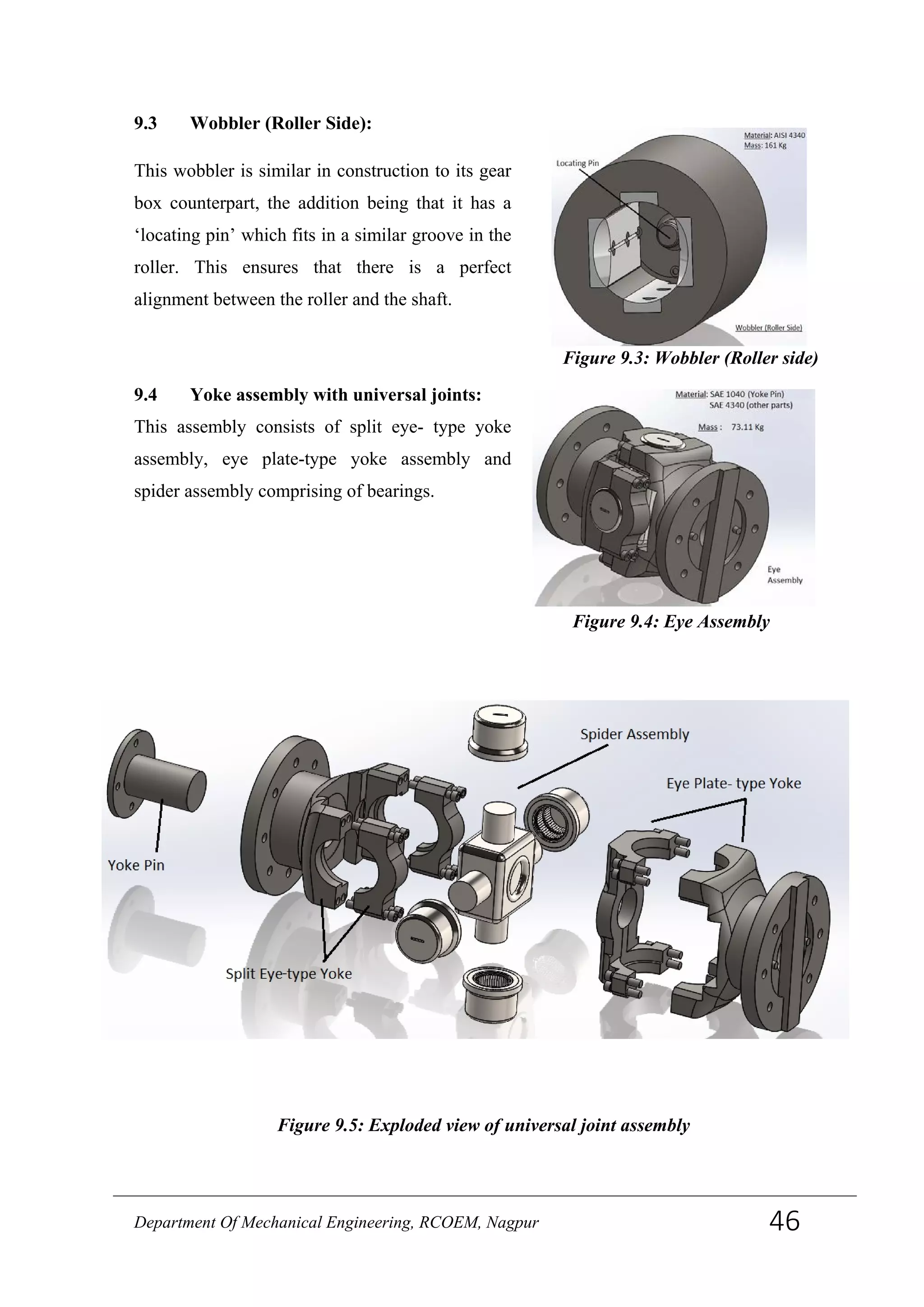 9.3 Wobbler (Roller Side):
This wobbler is similar in construction to its gear
box counterpart, the addition being that it has a
‘locating pin’ which fits in a similar groove in the
roller. This ensures that there is a perfect
alignment between the roller and the shaft.
9.4 Yoke assembly with universal joints:
This assembly consists of split eye- type yoke
assembly, eye plate-type yoke assembly and
spider assembly comprising of bearings.
Figure 9.3: Wobbler (Roller side)
Figure 9.4: Eye Assembly
Figure 9.5: Exploded view of universal joint assembly
Department Of Mechanical Engineering, RCOEM, Nagpur 46
 