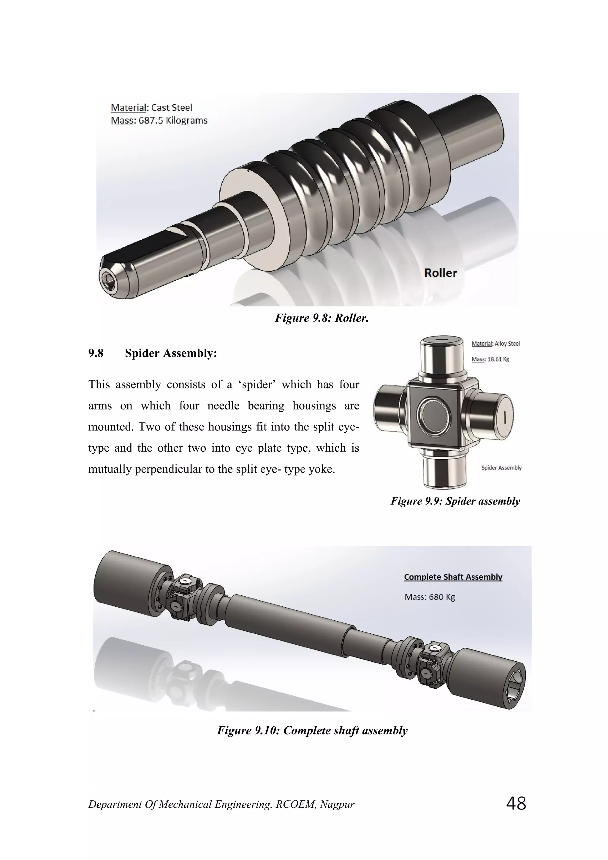 9.8 Spider Assembly:
This assembly consists of a ‘spider’ which has four
arms on which four needle bearing housings are
mounted. Two of these housings fit into the split eye-
type and the other two into eye plate type, which is
mutually perpendicular to the split eye- type yoke.
Figure 9.8: Roller.
Figure 9.9: Spider assembly
Figure 9.10: Complete shaft assembly
Department Of Mechanical Engineering, RCOEM, Nagpur 48
 