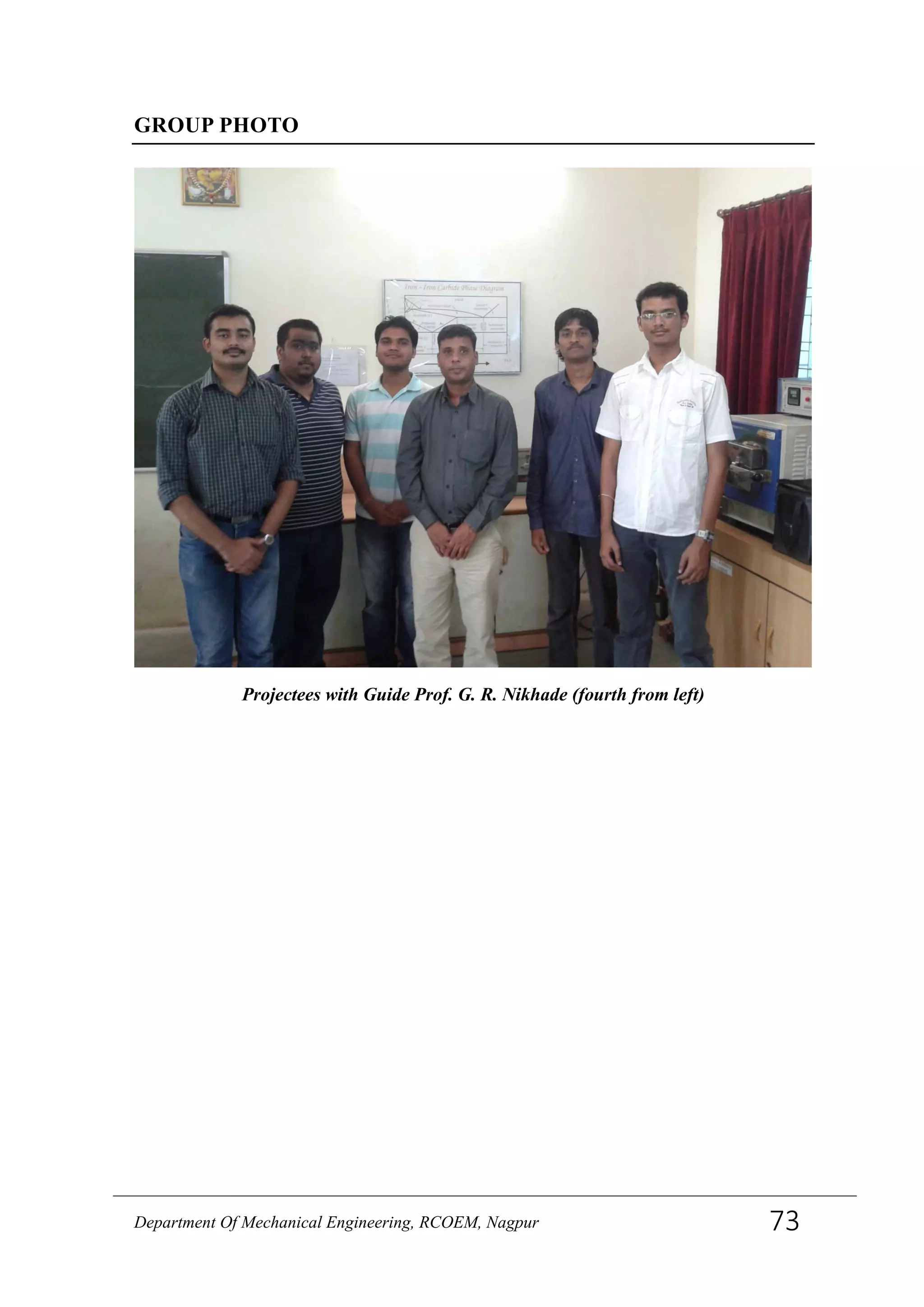 GROUP PHOTO
Projectees with Guide Prof. G. R. Nikhade (fourth from left)
Department Of Mechanical Engineering, RCOEM, Nagpur 73
 