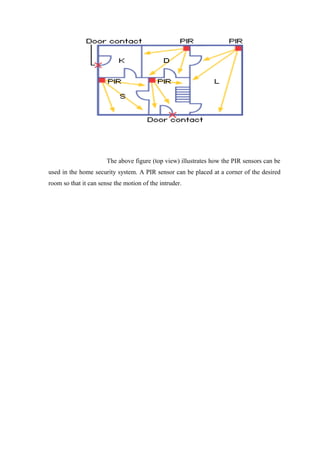 The above figure (top view) illustrates how the PIR sensors can be
used in the home security system. A PIR sensor can be placed at a corner of the desired
room so that it can sense the motion of the intruder.
 
