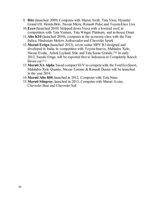 16
9. Ritz (launched 2009) Competes with Maruti Swift, Tata Vista, Hyundai
Grand i10, Honda Brio, Nissan Micra, Renault Pulse and ToyotaEtios Liva
10.Eeco (launched 2010) Stripped down Versa with a lowered roof, in
competition with Tata Venture, Tata Winger Platinum, and in-house Omni
11.Alto K10 (launched 2010), competes in the economy class with the Tata
Indica, Hindustan Motors Ambassadorand Chevrolet Spark
12.Maruti Ertiga (launched 2012), seven seater MPV R3 designed and
developed in India, in competition with Toyota Innova, Mahindra Xylo,
Nissan Evalia, Ashok Leyland Stile and Tata Sumo Grande.[50] In early
2012, Suzuki Ertiga will be exported first to Indonesia in Completely Knock
Down car.[51]
13.Maruti XA Alpha based compactSUV to compete with the Ford EcoSport,
Mahindra Xylo Quanto, Nissan Terrano & Renault Duster will be launched
in the year 2014
14.Maruti Alto 800, launched in 2012, Competes with Tata Nano
15.Maruti Stingray, launched in 2013, Competes with Maruti A-star,
Chevrolet Beat and Chevrolet Sail
 