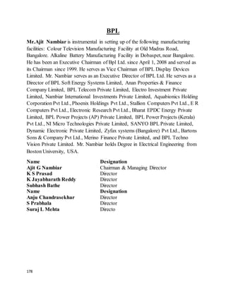 178
BPL
Mr.Ajit Nambiar is instrumental in setting up of the following manufacturing
facilities: Colour Television Manufacturing Facility at Old Madras Road,
Bangalore. Alkaline Battery Manufacturing Facility in Dobaspet, near Bangalore.
He has been an Executive Chairman of Bpl Ltd. since April 1, 2008 and served as
its Chairman since 1999. He serves as Vice Chairman of BPL Display Devices
Limited. Mr. Nambiar serves as an Executive Director of BPL Ltd. He serves as a
Director of BPL Soft Energy Systems Limited, Anan Properties & Finance
Company Limited, BPL Telecom Private Limited, Electro Investment Private
Limited, Nambiar International Investments Private Limited, Aquabionics Holding
Corporation Pvt Ltd., Phoenix Holdings Pvt Ltd., Stallion Computers Pvt Ltd., E R
Computers Pvt Ltd., Electronic Research Pvt Ltd., Bharat EPDC Energy Private
Limited, BPL Power Projects (AP) Private Limited, BPL Power Projects (Kerala)
Pvt Ltd., NI Micro Technologies Private Limited, SANYO BPL Private Limited,
Dynamic Electronic Private Limited, Zyfax systems (Bangalore) Pvt Ltd., Bartons
Sons & Company Pvt Ltd., Merino Finance Private Limited, and BPL Techno
Vision Private Limited. Mr. Nambiar holds Degree in Electrical Engineering from
Boston University, USA.
Name Designation
Ajit G Nambiar Chairman & Managing Director
K S Prasad Director
K Jayabharath Reddy Director
Subhash Bathe Director
Name Designation
Anju Chandrasekhar Director
S Prabhala Director
Suraj L Mehta Directo
 