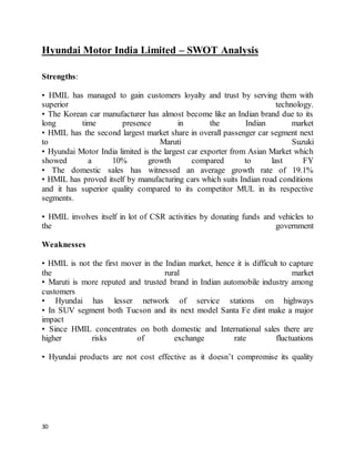 30
Hyundai Motor India Limited – SWOT Analysis
Strengths:
• HMIL has managed to gain customers loyalty and trust by serving them with
superior technology.
• The Korean car manufacturer has almost become like an Indian brand due to its
long time presence in the Indian market
• HMIL has the second largest market share in overall passenger car segment next
to Maruti Suzuki
• Hyundai Motor India limited is the largest car exporter from Asian Market which
showed a 10% growth compared to last FY
• The domestic sales has witnessed an average growth rate of 19.1%
• HMIL has proved itself by manufacturing cars which suits Indian road conditions
and it has superior quality compared to its competitor MUL in its respective
segments.
• HMIL involves itself in lot of CSR activities by donating funds and vehicles to
the government
Weaknesses
• HMIL is not the first mover in the Indian market, hence it is difficult to capture
the rural market
• Maruti is more reputed and trusted brand in Indian automobile industry among
customers
• Hyundai has lesser network of service stations on highways
• In SUV segment both Tucson and its next model Santa Fe dint make a major
impact
• Since HMIL concentrates on both domestic and International sales there are
higher risks of exchange rate fluctuations
• Hyundai products are not cost effective as it doesn’t compromise its quality
 