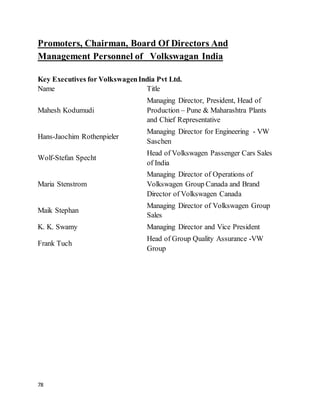 78
Promoters, Chairman, Board Of Directors And
Management Personnel of Volkswagan India
Key Executives for VolkswagenIndia Pvt Ltd.
Name Title
Mahesh Kodumudi
Managing Director, President, Head of
Production – Pune & Maharashtra Plants
and Chief Representative
Hans-Jaochim Rothenpieler
Managing Director for Engineering - VW
Saschen
Wolf-Stefan Specht
Head of Volkswagen Passenger Cars Sales
of India
Maria Stenstrom
Managing Director of Operations of
Volkswagen Group Canada and Brand
Director of Volkswagen Canada
Maik Stephan
Managing Director of Volkswagen Group
Sales
K. K. Swamy Managing Director and Vice President
Frank Tuch
Head of Group Quality Assurance -VW
Group
 
