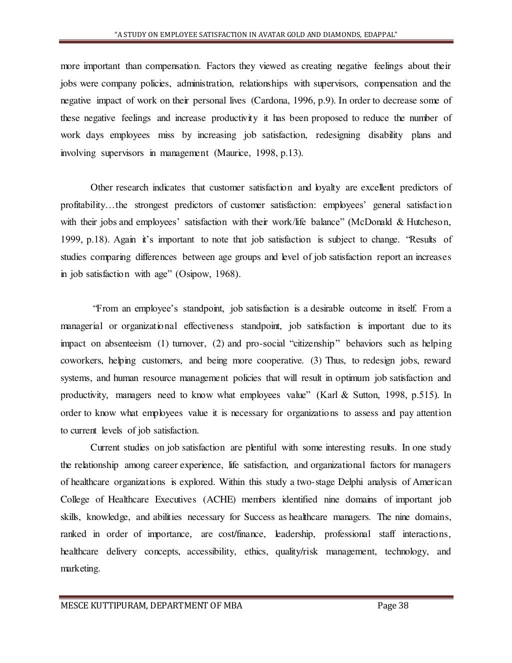 PROJECT REPORT ON EMPLOYEE SATISFACTION (sample)