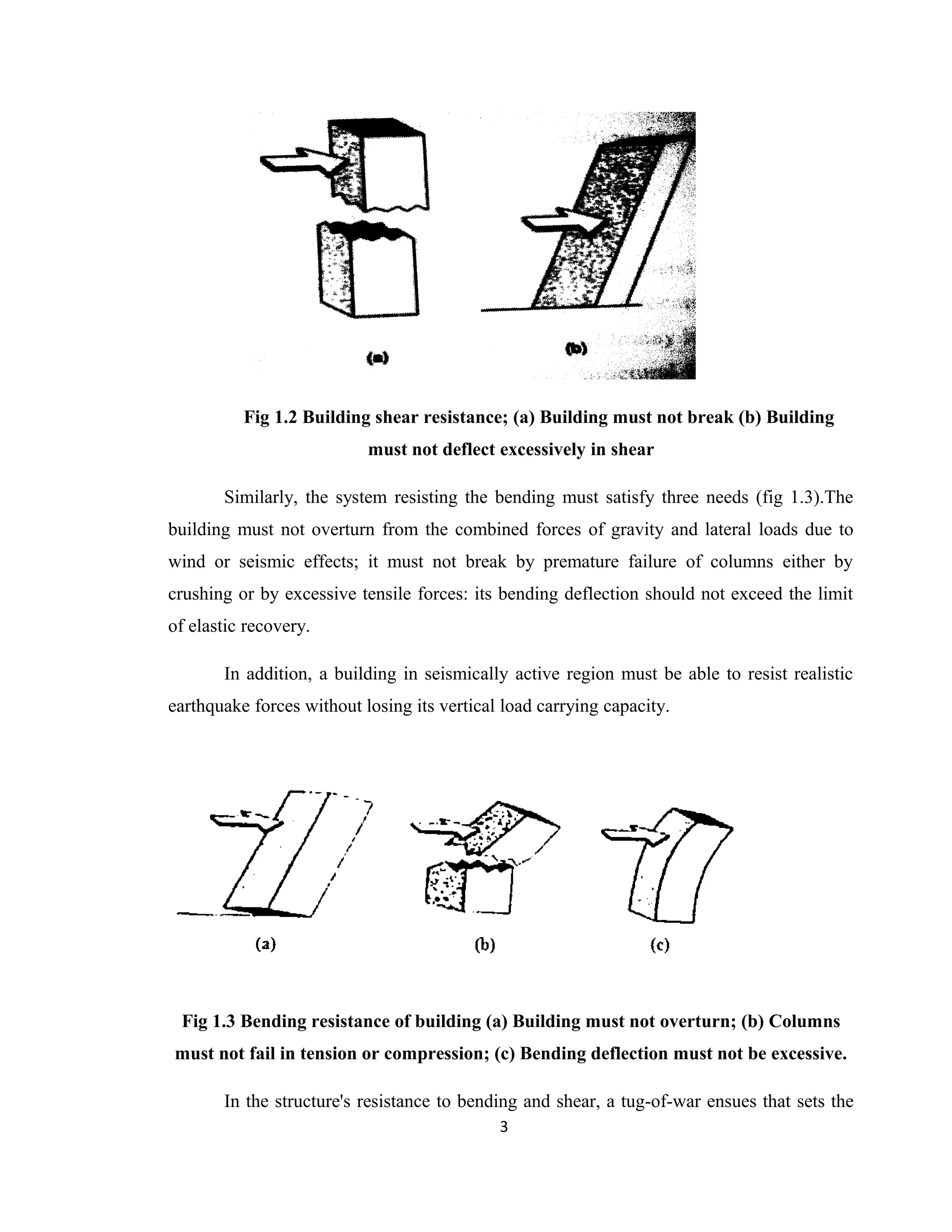 Fig 1.2 Building shear resistance; (a) Building must not break (b) Building
must not deflect excessively in shear
Similarly, the system resisting the bending must satisfy three needs (fig 1.3).The
building must not overturn from the combined forces of gravity and lateral loads due to
wind or seismic effects; it must not break by premature failure of columns either by
crushing or by excessive tensile forces: its bending deflection should not exceed the limit
of elastic recovery.
In addition, a building in seismically active region must be able to resist realistic
earthquake forces without losing its vertical load carrying capacity.
Fig 1.3 Bending resistance of building (a) Building must not overturn; (b) Columns
must not fail in tension or compression; (c) Bending deflection must not be excessive.
In the structure's resistance to bending and shear, a tug-of-war ensues that sets the
3
 