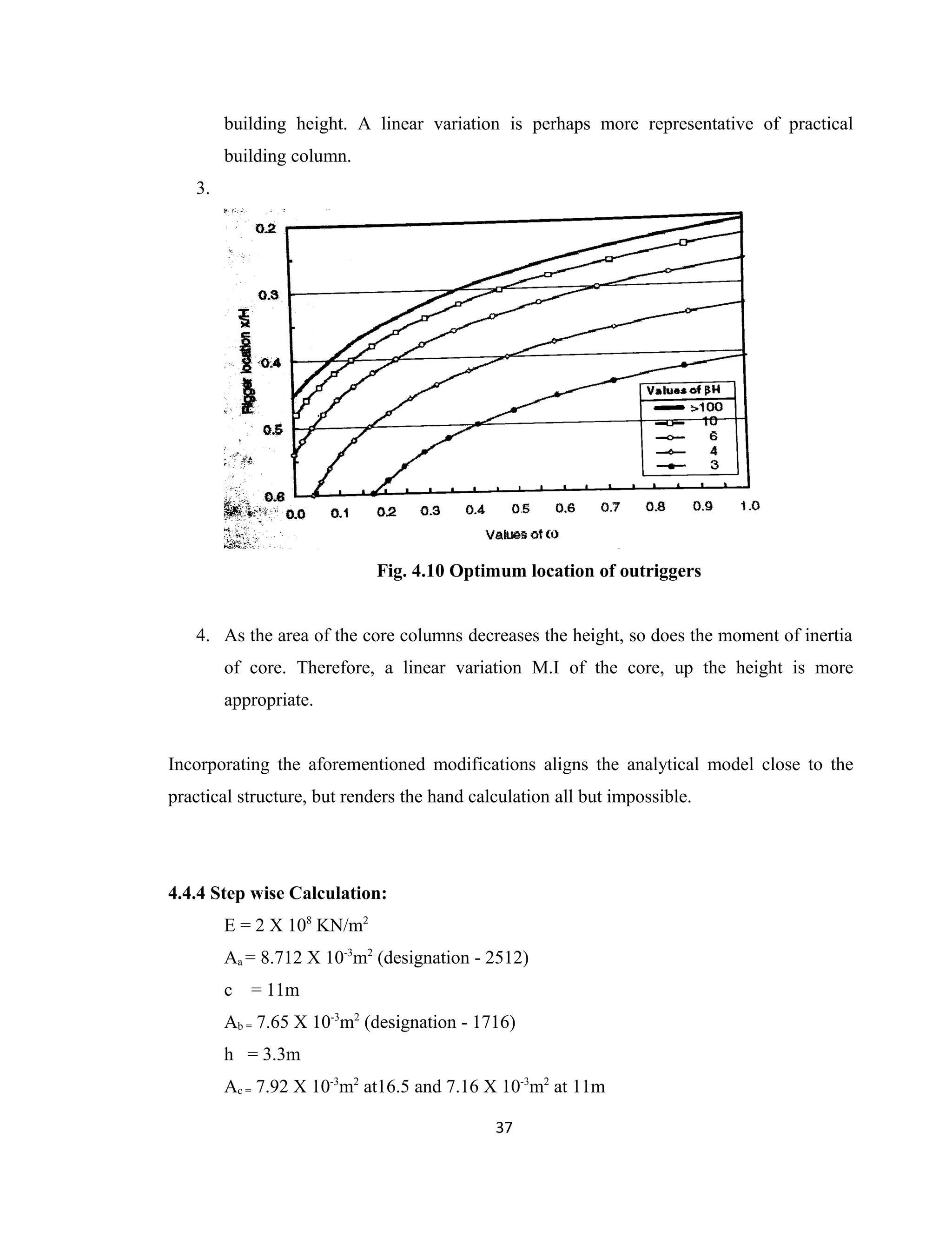 building height. A linear variation is perhaps more representative of practical
building column.
3.
Fig. 4.10 Optimum location of outriggers
4. As the area of the core columns decreases the height, so does the moment of inertia
of core. Therefore, a linear variation M.I of the core, up the height is more
appropriate.
Incorporating the aforementioned modifications aligns the analytical model close to the
practical structure, but renders the hand calculation all but impossible.
4.4.4 Step wise Calculation:
E = 2 X 108
KN/m2
Aa = 8.712 X 10-3
m2
(designation - 2512)
c = 11m
Ab = 7.65 X 10-3
m2
(designation - 1716)
h = 3.3m
Ac = 7.92 X 10-3
m2
at16.5 and 7.16 X 10-3
m2
at 11m
37
 
