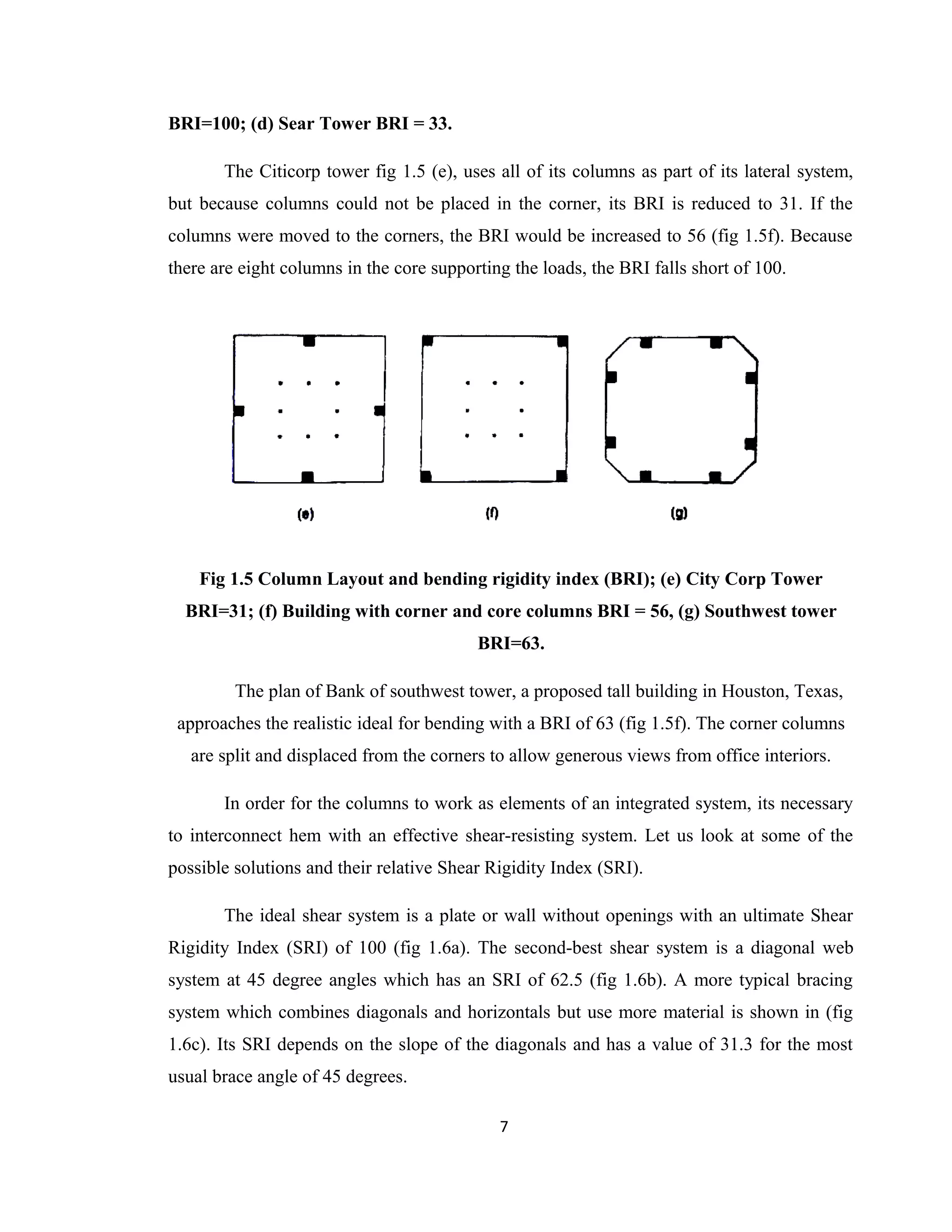 BRI=100; (d) Sear Tower BRI = 33.
The Citicorp tower fig 1.5 (e), uses all of its columns as part of its lateral system,
but because columns could not be placed in the corner, its BRI is reduced to 31. If the
columns were moved to the corners, the BRI would be increased to 56 (fig 1.5f). Because
there are eight columns in the core supporting the loads, the BRI falls short of 100.
Fig 1.5 Column Layout and bending rigidity index (BRI); (e) City Corp Tower
BRI=31; (f) Building with corner and core columns BRI = 56, (g) Southwest tower
BRI=63.
The plan of Bank of southwest tower, a proposed tall building in Houston, Texas,
approaches the realistic ideal for bending with a BRI of 63 (fig 1.5f). The corner columns
are split and displaced from the corners to allow generous views from office interiors.
In order for the columns to work as elements of an integrated system, its necessary
to interconnect hem with an effective shear-resisting system. Let us look at some of the
possible solutions and their relative Shear Rigidity Index (SRI).
The ideal shear system is a plate or wall without openings with an ultimate Shear
Rigidity Index (SRI) of 100 (fig 1.6a). The second-best shear system is a diagonal web
system at 45 degree angles which has an SRI of 62.5 (fig 1.6b). A more typical bracing
system which combines diagonals and horizontals but use more material is shown in (fig
1.6c). Its SRI depends on the slope of the diagonals and has a value of 31.3 for the most
usual brace angle of 45 degrees.
7
 