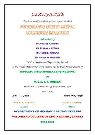 Pneumatic Sheet Metal Shearing Machine - Project report | PDF