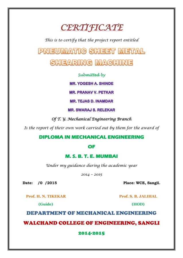 Pneumatic Sheet Metal Shearing Machine Project report