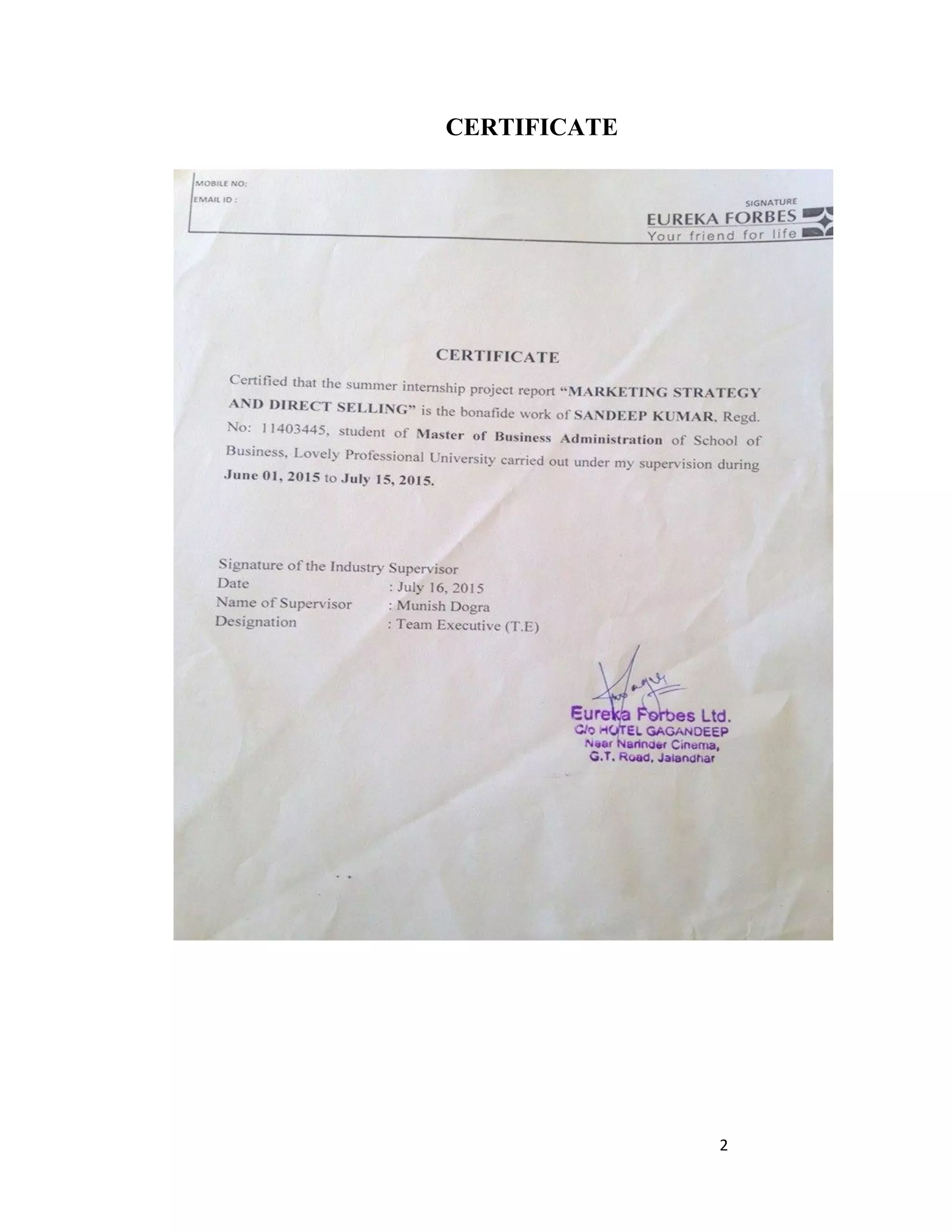 Project report on eureka forbes | PDF