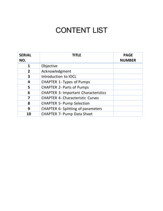 CONTENT LIST
SERIAL
NO.
TITLE PAGE
NUMBER
1 Objective
2 Acknowledgment
3 Introduction to IOCL
4 CHAPTER 1- Types of Pumps
5 CHAPTER 2- Parts of Pumps
6 CHAPTER 3- Important Characteristics
7 CHAPTER 4- Characteristic Curves
8 CHAPTER 5- Pump Selection
9 CHAPTER 6- Splitting of parameters
10 CHAPTER 7- Pump Data Sheet
 