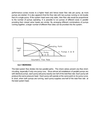 performance curves moves to a higher head and hence lower flow rate per pump, as more
pumps are started. It is also apparent that the flow rate with two pumps running is not double
that of a single pump. If the system head were only static, then flow rate would be proportional
to the number of pumps operating. It is possible to run pumps of different sizes in parallel
providing their closed valve heads are similar. By arranging different combinations of pumps
running together, a larger number of different flow rates can be provided into the system.
6.2.1 WORKING
The total system flow divides into two parallel paths. The check valves prevent any flow short-
circuiting, especially if only one pump runs. Since almost all installations of parallel pumps are
with identical pumps, each pump will pump exactly one half of the total flow rate. Each pump will
produce the same pressure head. Each pump will operate at the same point on its pump curve.
In short, when both pumps are running, each pump supplies one-half of the total flow rate at
the total system head.
 