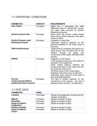 7.2 OPERATING CONDITIONS
PARAMETER GIVEN BY REQUIREMENTS
Flow, Rated Purchaser Rated flow is associated with rated
differential head for rotodynamic pumps,
and rated outlet pressure for positive
displacement pumps.
Suction pressure max. Purchaser Some factor like pump's suction flange
which limits suction pressure to the given
maximum value.
Suction Pressure rated Purchaser It depends on rated flow .
Discharge Pressure Discharge pressure depends on the
pressure available on the suction side of
the pump
Differential Pressure Determined by evaluating all pressure (or
head) losses from the liquid level in the
receiver through all piping and
components of the system and back to the
receiver.
NPSHA Purchaser It depends on five factors
1)The absolute pressure on the surface of
the liquid in the supply tank.
2)The vertical distance between the
surface of the liquid in the supply tank and
the centerline of the pump
3)Friction losses in the suction piping
4)Velocity head at the pump suction port
5)Absolute vapor pressure of the liquid at
the pumping temperature
Service:
continuous/intermittent/
parallel operations required
Purchaser The type of service depends on the
requirement of the product , the cost of
operation that is incurred , the eeficiency.
7.3 SITE DATA
PARAMETER GIVEN
Location: Purchaser Based on the application of pump and the
location of the plant.
Altitude Purchaser Based on location of plant.
Barometer Purchaser Based on location of plant
Range of ambient
temperature
Purchaser Based on location of plant
Relative Humidity Purchaser Based on location of plant
Usual Conditions
1)Dust
Purchaser Based on location of plant
 