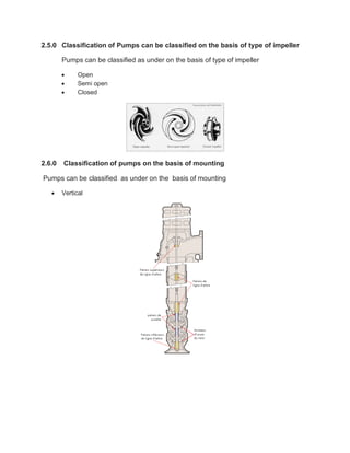 2.5.0 Classification of Pumps can be classified on the basis of type of impeller
Pumps can be classified as under on the basis of type of impeller
 Open
 Semi open
 Closed
2.6.0 Classification of pumps on the basis of mounting
Pumps can be classified as under on the basis of mounting
 Vertical
 