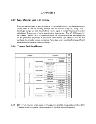 CHAPTER 3
3.0.0 Types of pumps used in oil industry
There are various types of pumps available in the market but only centrifugal pumps are
usually used in the oil industry. Pumps can be used to pump oil, Slurry, Mud .
Centrifugal pumps are also classified into various types of pumps they are given in the
table below. The process of pump selection is a rigorous one . The API 610 is used for
the process . API-610 is a document which has the standardized rules and regulations
for the production of pumps. A Document called Pump Data sheet is used for the
purchase of pumps by various companies. Pump data sheet consists of various different
aspects of pump required by the purchaser .
3.1.0 Types of Centrifugal Pumps
3.1.1 OH1 :- Foot-mounted single-stage overhung pumps shall be designated pump type OH1.
(This type does not meet all the requirements of this International Standard)
 